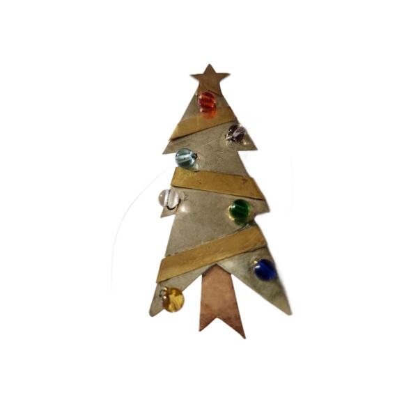 Vintage Mixed Metal Christmas Tree Brooch Pin with Beaded Ornaments, 2.5" L - Picture 4 of 11